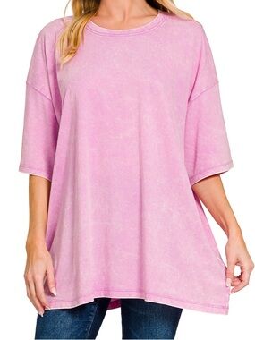 Acid Wash Cotton Drop Shoulder Boyfriend Box Tee in Mauve